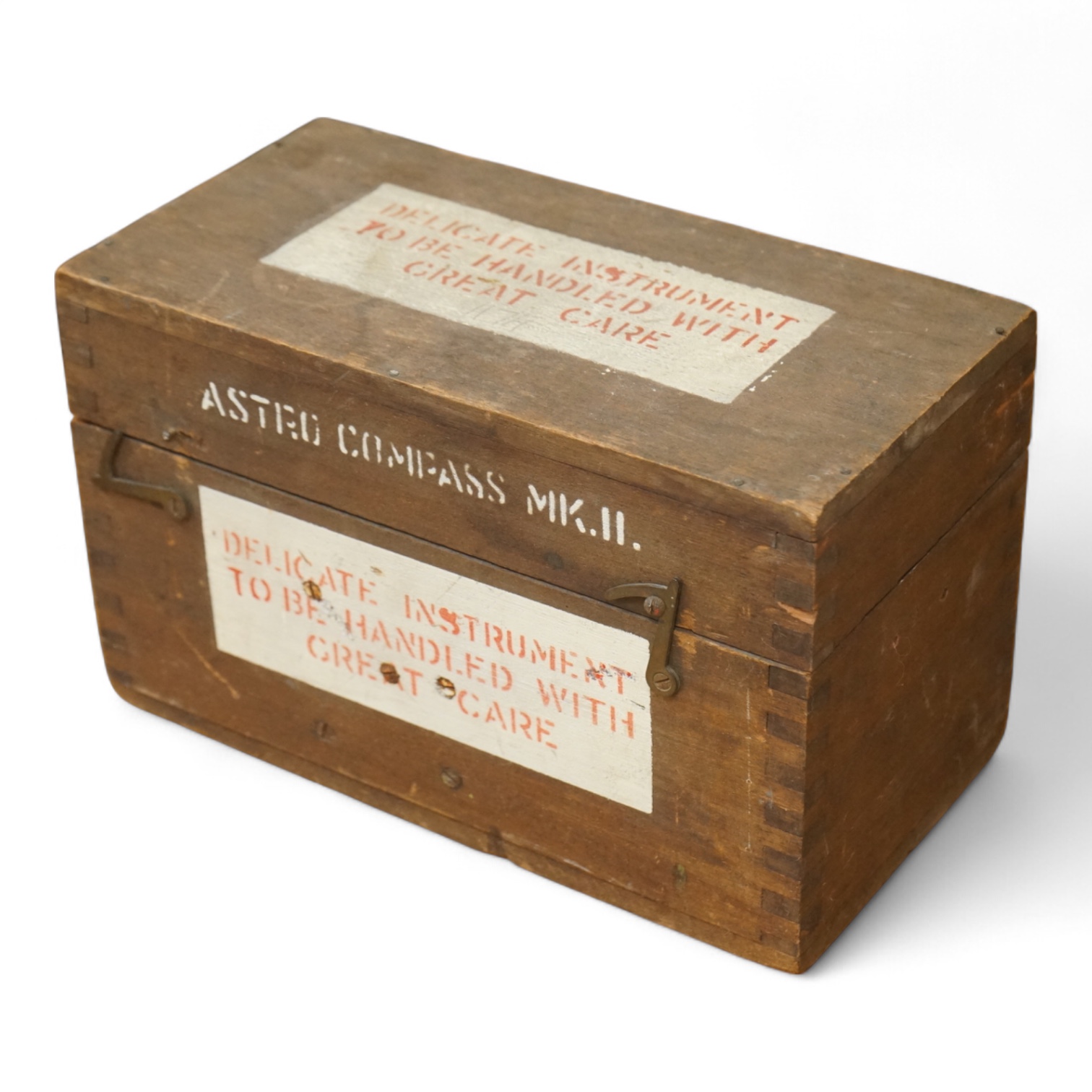 A WWII cased RAF Air Ministry Astro Compass MKII, the inside lid of the case stamped examined 24 March 1943, case dimensions 16.5cm wide, 16cm high, 13.5cm deep